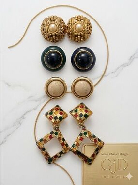 VTG Ginnie Johansen GJD 4-Pair Clip-On Earring Bundle - 80s/90s Glam
